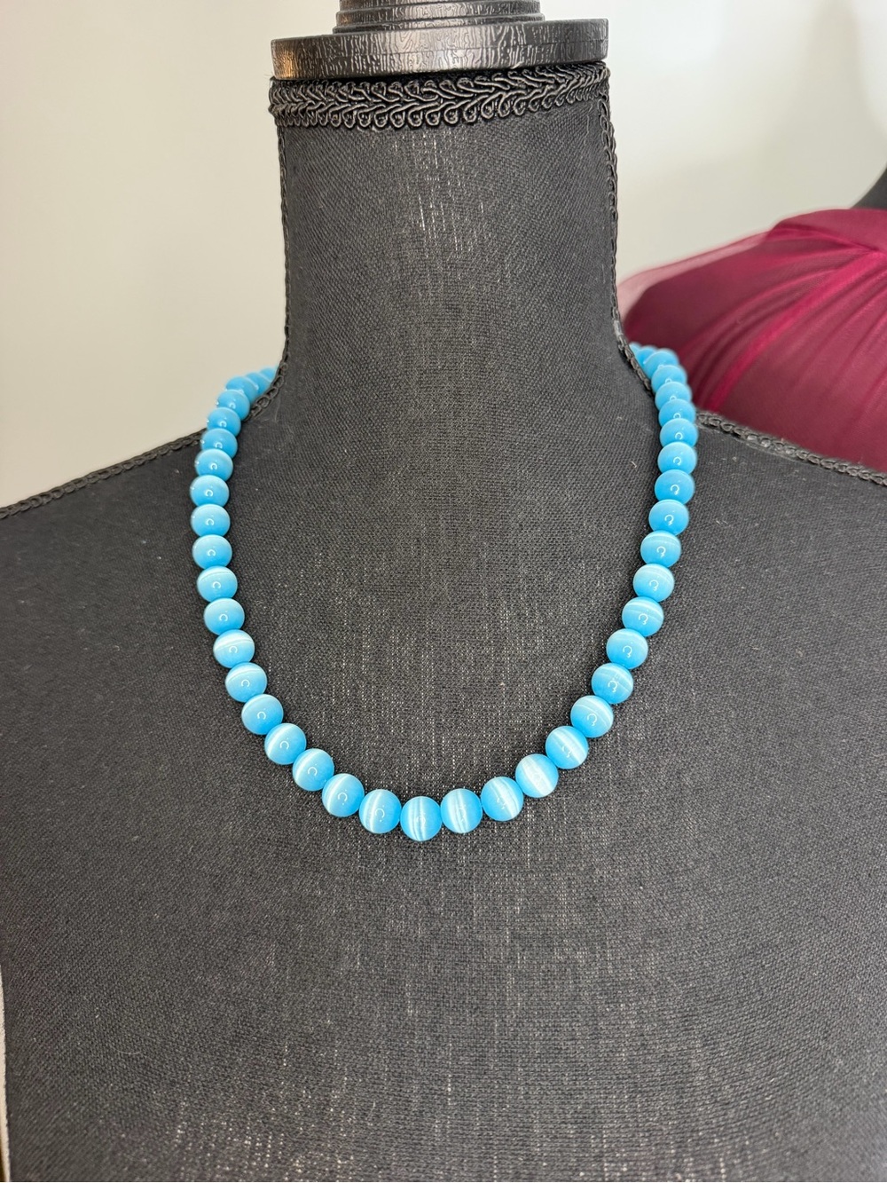 Vintage Artisan Mexican Blue Cat's Eye Glass Beaded Necklace 22"